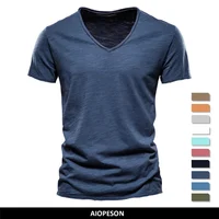 Marque qualité 100% coton hommes T-shirt col en v Design de mode coupe ajustée solide mâle hauts t-shirts à manches courtes 1