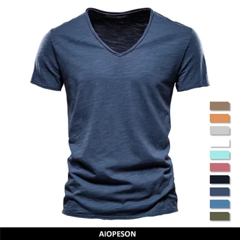 T-shirt da uomo in cotone 100% di qualità del marchio con scollo a V Design alla moda Slim Fit Soild Top da uomo T-shirt manica corta 1