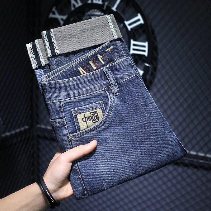 2024 Embroidered Jeans Men's Slim-Fitting Small Straight Stretch Fashion Trendy Casual All-Matching High-End Blue Men's Pants