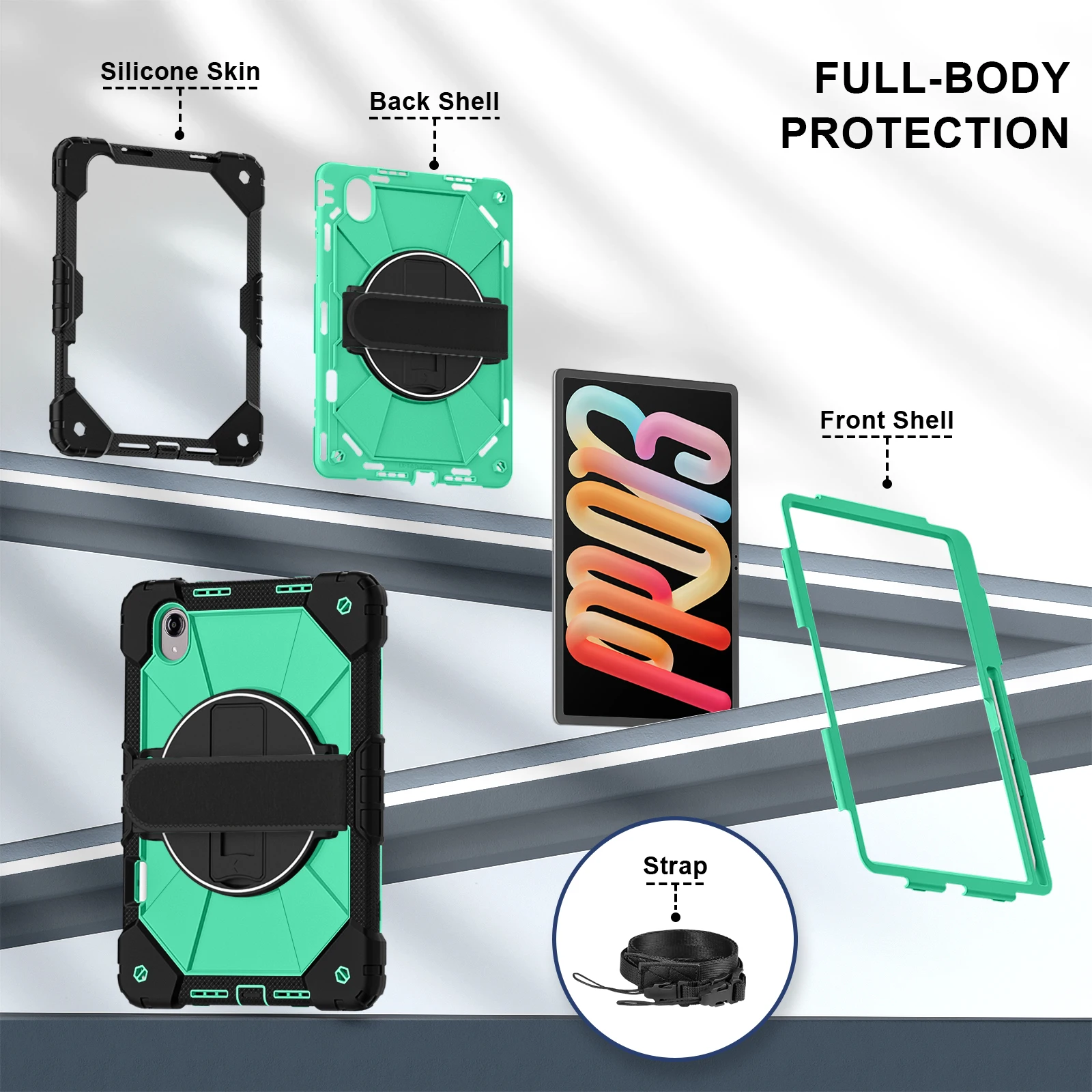 Shockproof 13 Tablet Case with 360° Rotation Stand and Shoulder Strap