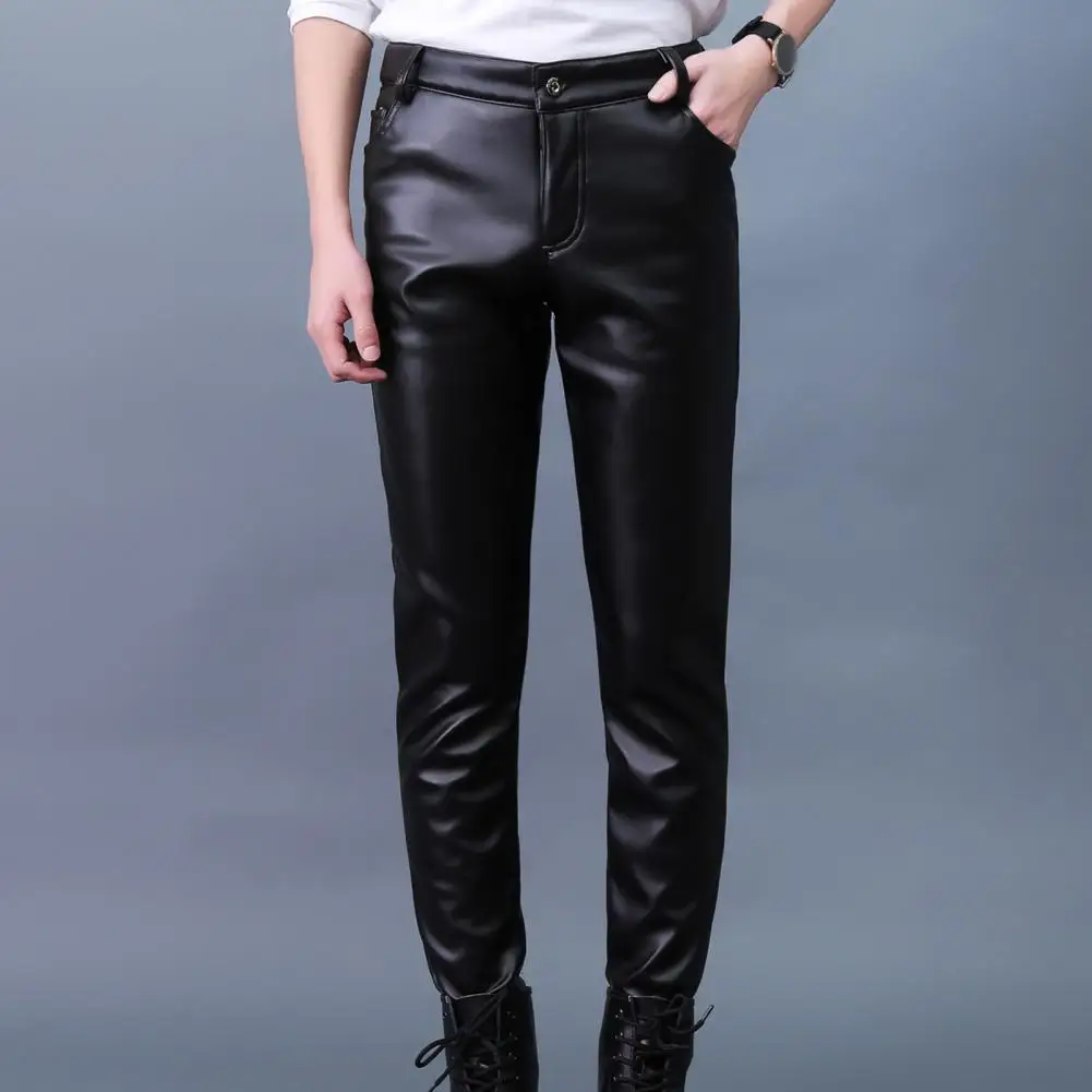 Button Zip Closure Pants Men's Slim Fit Faux Leather Pants with Pockets Soft Breathable Mid Waist Trousers for Motocycle