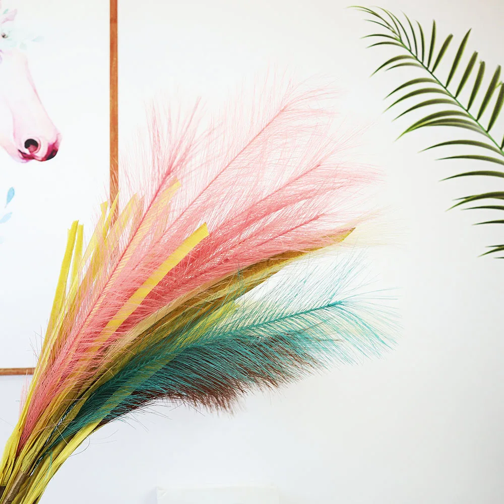 

5pcs Fake Reed With Leaves Grass Flowers Hotel Decoration Fluffy Green Plants Plain Colour Living Room Background Home Supply