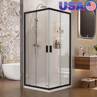 Corner Shower Enclosure Clear Tempered Glass Stainless Steel Frame 36"x36"x76" Double Sliding Black Door Waterproof Design ANSI 1