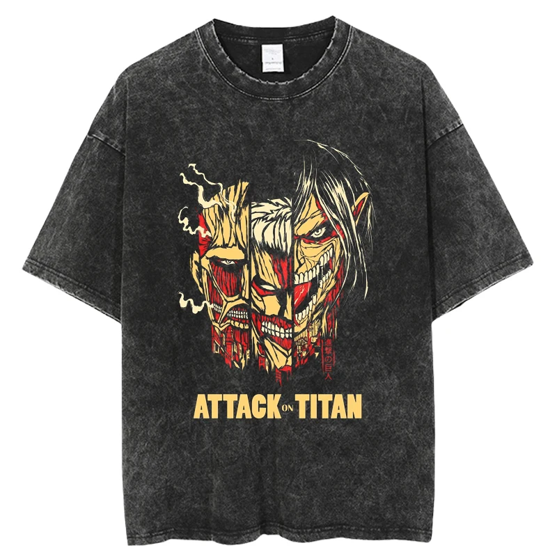 

100% Cotton Harajuku Washed T Shirt Japanese Anime Attack on Titan Printed Tees Casual Hip Hop Short Sleeve Fashion Y2k Clothing