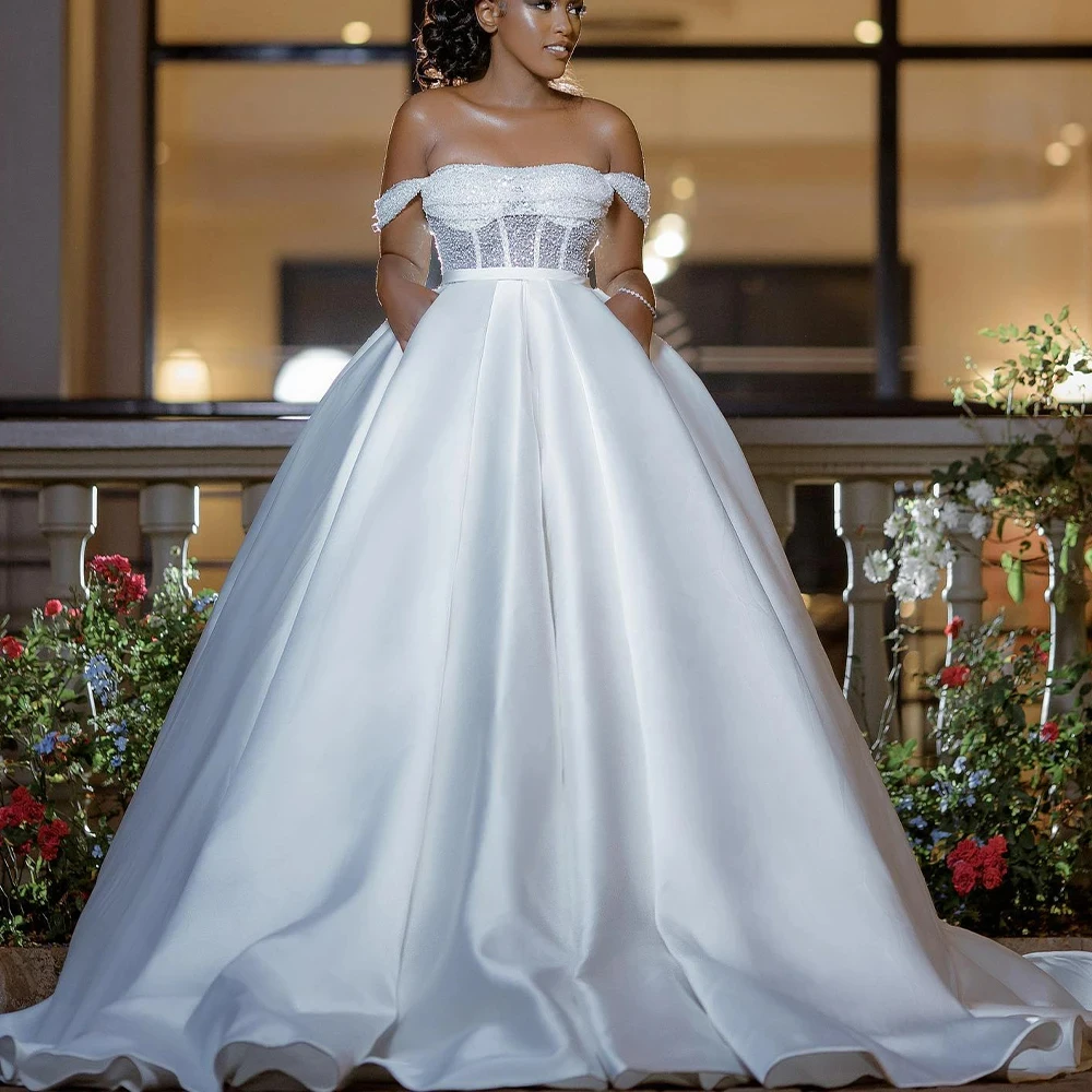 

Newest Off the Shoulder Satin African Wedding Dress Robe De Mariée Illusion Shinny Beads Sequins A-Line Bridal Gowns