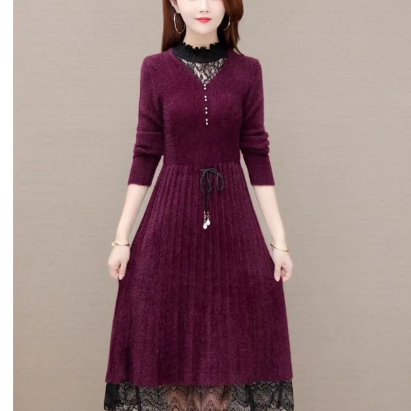 

Women's Autumn Winter Long Sleeve Lace Sexy Knit Dress Fashion Casual Versatile Slim Elegant Dress Patchwork Vestidos De Fiesta