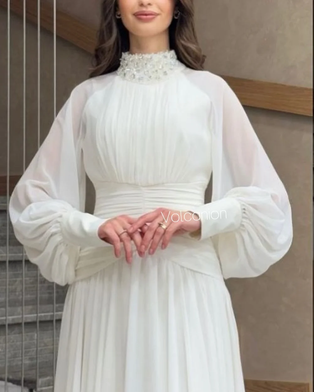 chinese dress ladies High neckline long sleeve A-line midi dress – John Paul Ataker