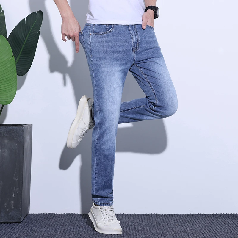 2024 summer new men's stretch Slim straight jeans casual long pants blue ropa de hombre