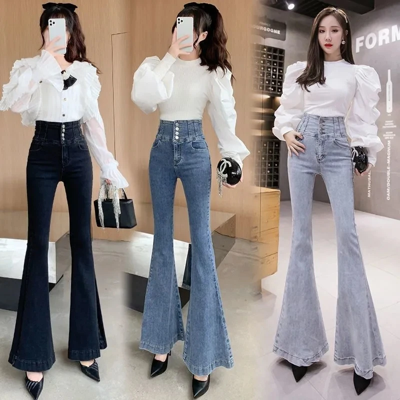 

Women Button Fly Super High Waist Flare Jeans Casual Vintage Skinny Denim Pants Korean Fashion Trousers Streetwear Slim Trousers