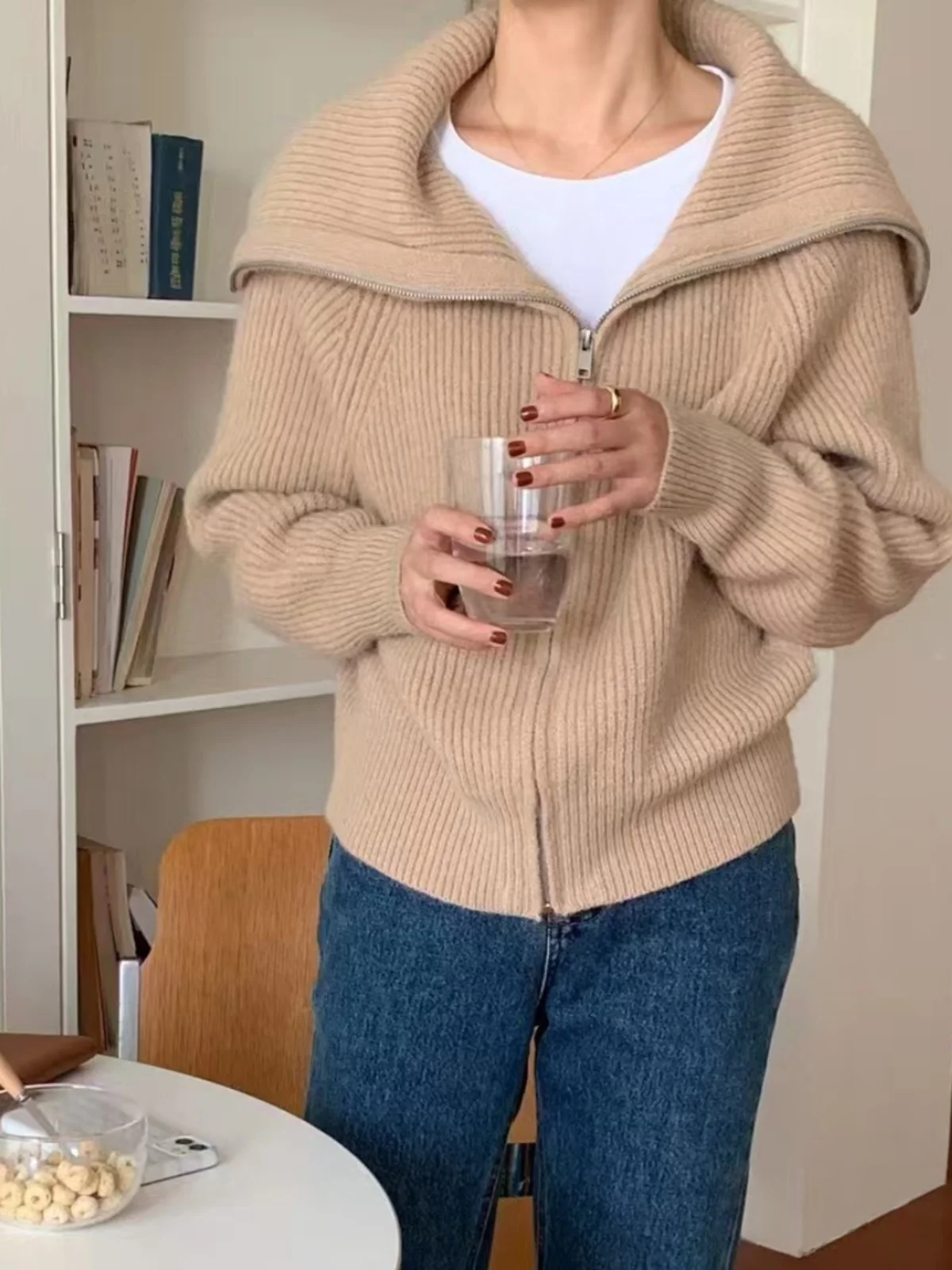 ay Zipper Ne Open Cardigan Sweater Women's Loose Knitted Top Winter Faion Korean Sle Big Collar Lazy Soft Warm Coat