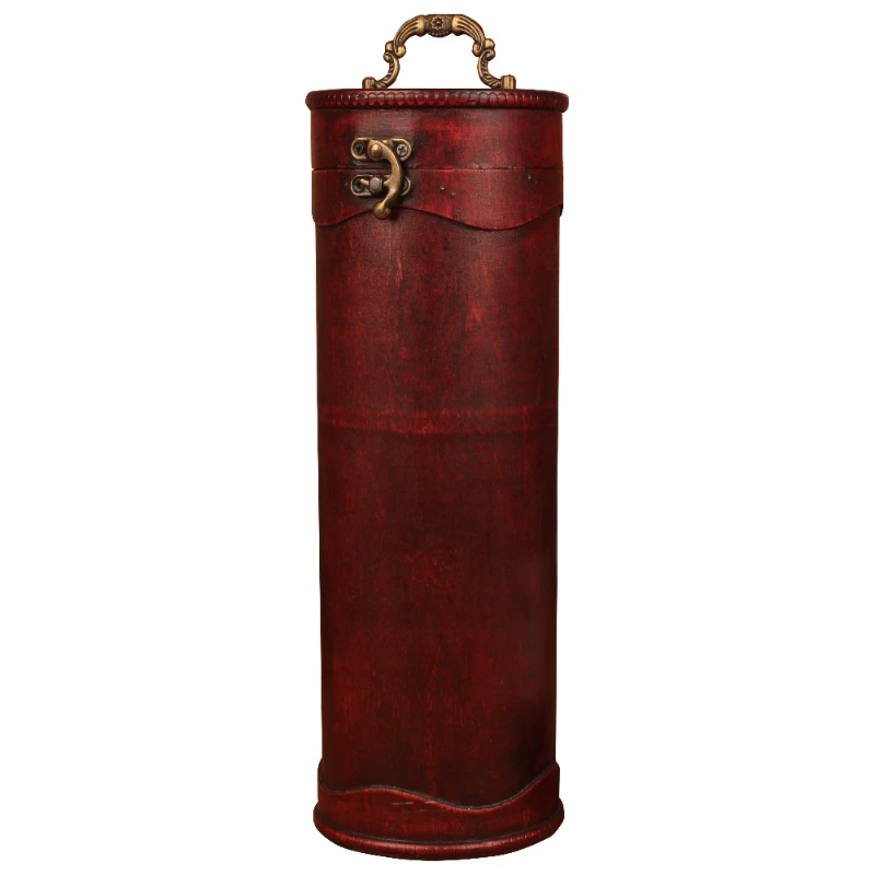 Vintage archaistic Single Red Wine Box Portable round Wood Wine Box Retro Gift Wine Storage Box Bottle Packag Wth Handle 5
