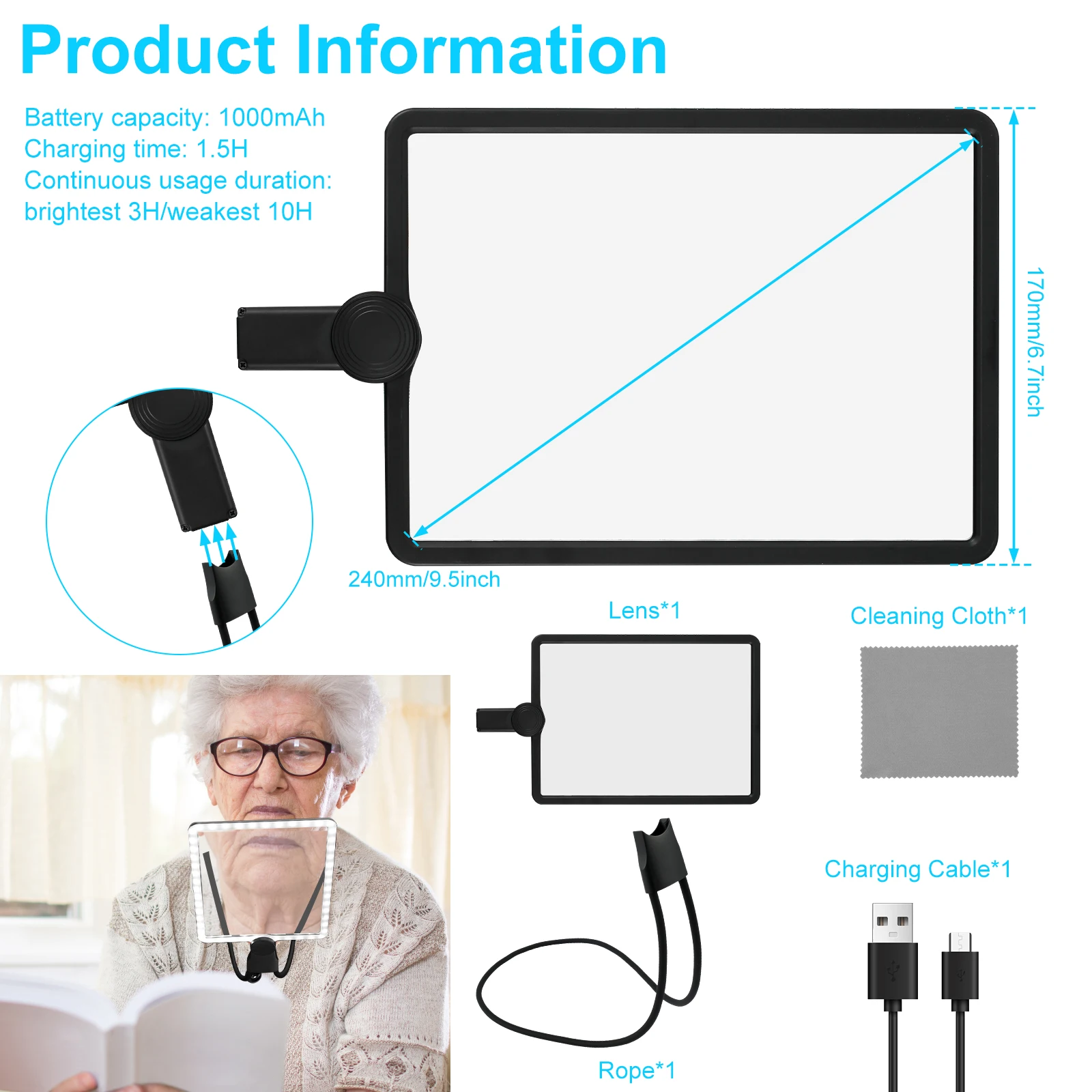 5X Dimmable Neck Wear Magnifying Glass Square LED Reading Magnifier for Full Book Page