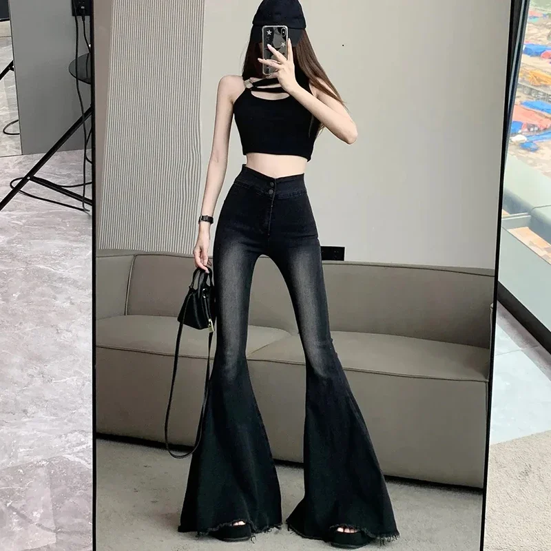 Lucyever 심미적 핫 스키니 플레어 청바지, 빈티지 슬림 핏 하이 웨이스트 데님 팬츠, Y2K 스트리트웨어, 와이드 레그 팬츠