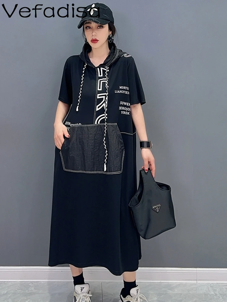 Vefadisa 2023 Summer New Korean Fashion Trend Patchwork Hooded Dress Shows Thin Personalized