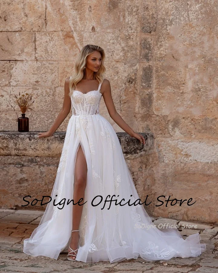 SoDigne A-line Tulle Wedding Dresses Sweetheart Spaghetti Straps Appliques Bride Dress Split Long Bridal Gown Vestido De Noiva 3