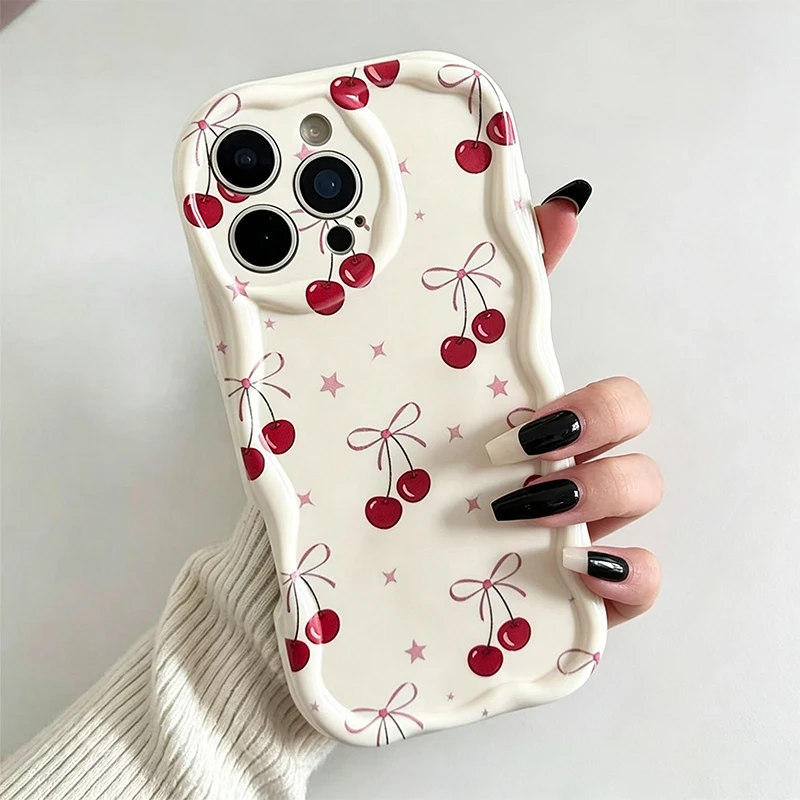 Cream Textured Glossy Heart & Bow Cherry Phone Case with Wavy Edges