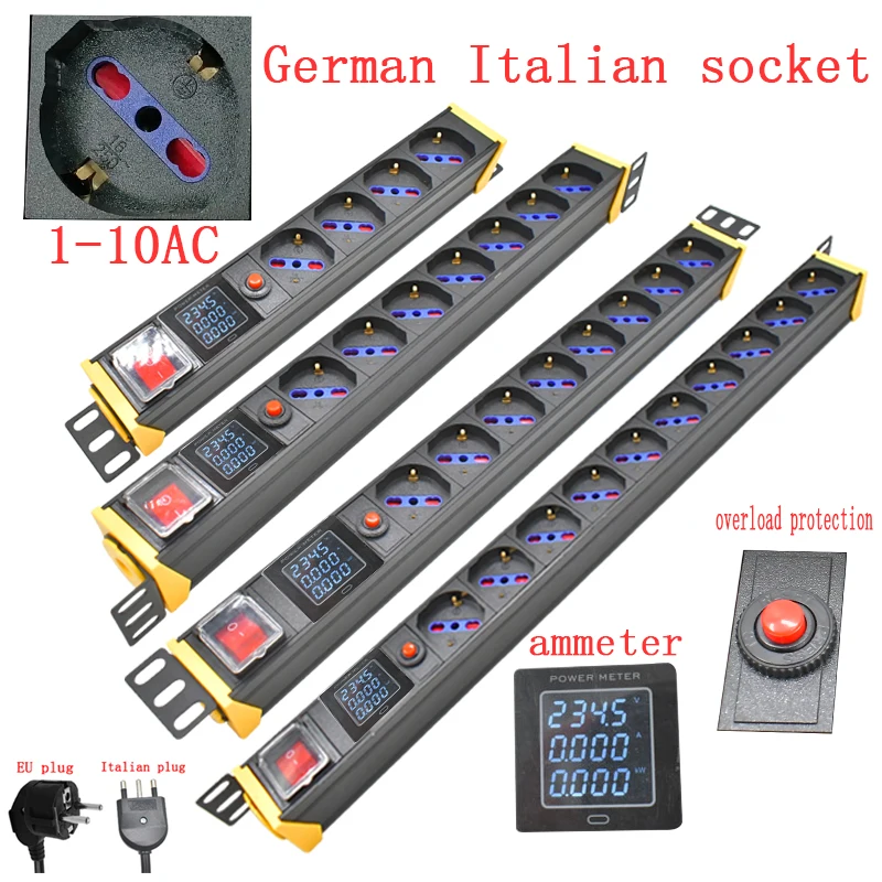 

PDU power strip network cabinet rack 1-10 way German Italian socket 2M line 360 rotating bracket ammeter overload protection