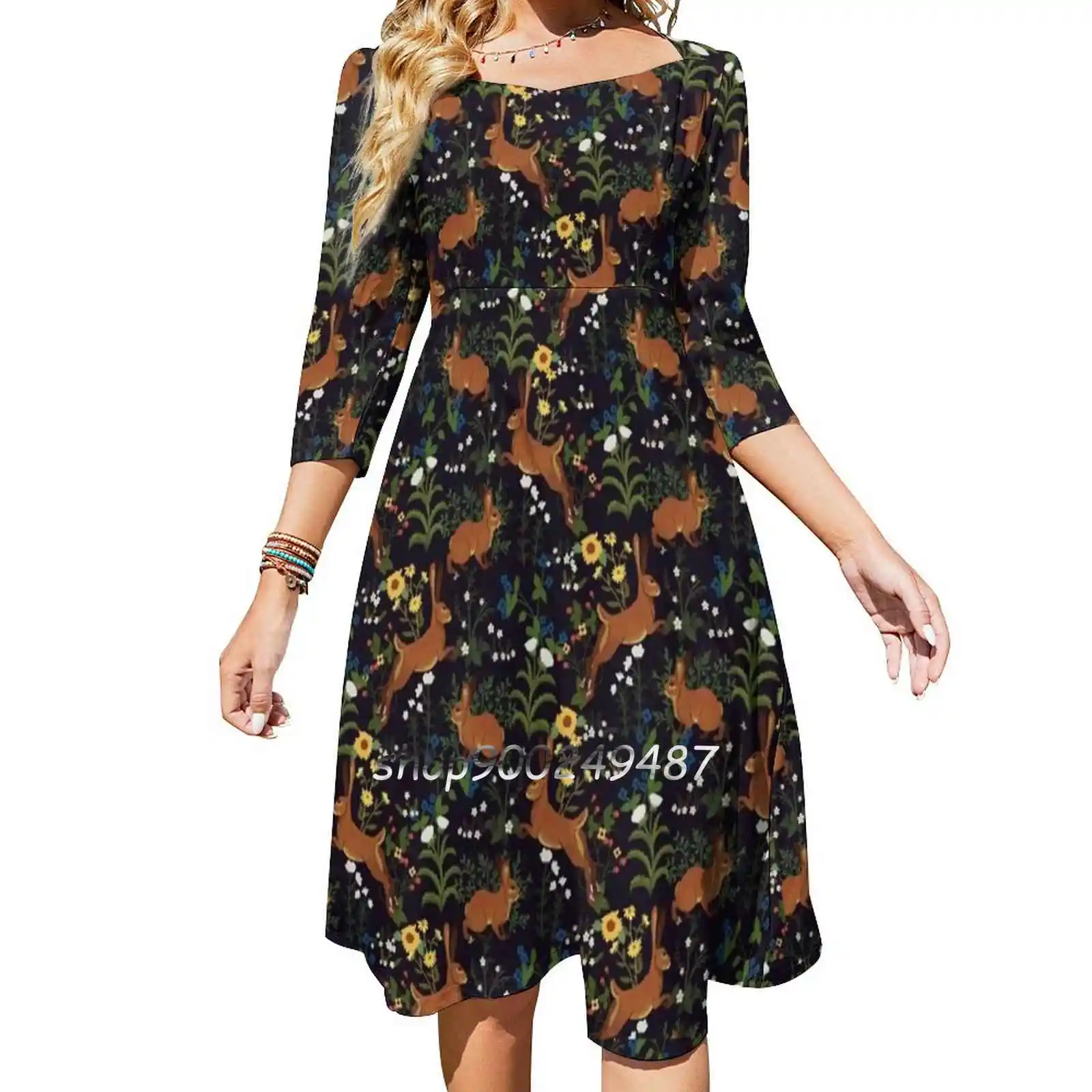 

Rabbit Garden Flare Dress Square Neck Dress Elegant Female Fashion Printed Dress Rabbit Garden Nature Pattern Flowers Animals
