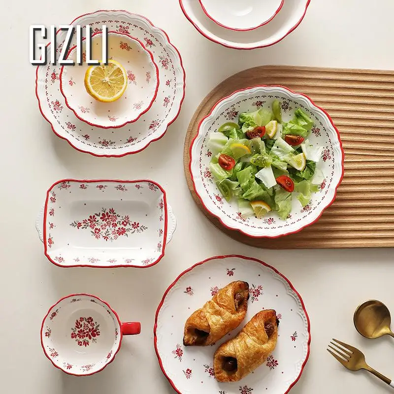 French Ceramic Kitchen Dishes Food Plates Sets Flowers Dinnerware Household Salad Bowl Plate Household Plates Dinner Sets
