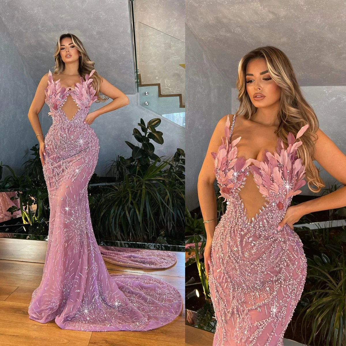 

Graceful Mermaid Prom Dress Lace Sequined Beading Evening Gowns Feathers Pink Party Dresses Custom Made