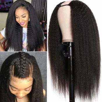 U Part Wig Human Hair Kinky Straight Wigs for Black Women Peruvian Yaki Straight Upgrade U Shape Clip in Wigs Glueless Wigs 180%