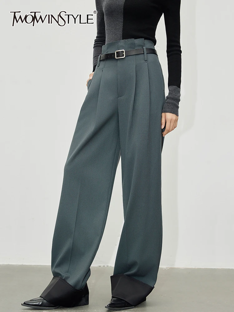 

TWOTWINSTYLE Colorblock Loose Straight Pant For Women High Waist Patchwork Folds Casual Full Length Pants Female Fashion Style