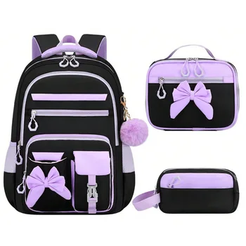 3pecs/set elementary Bow school bags large capacity cute backpack for junior high school girls with pencil case lunch box set 1