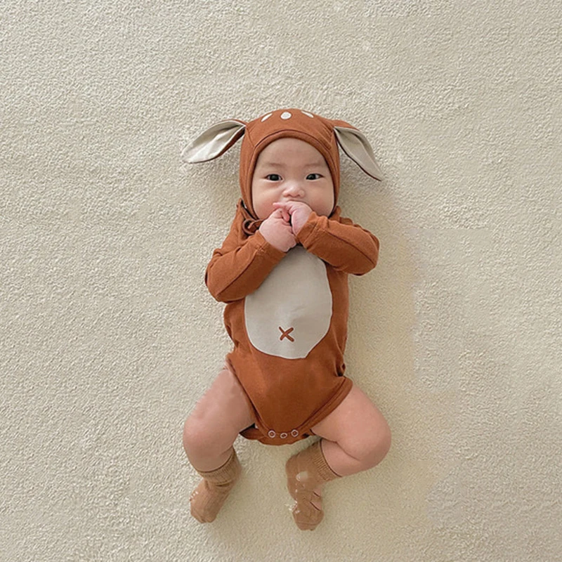 Adorable Baby Sika Deer Romper Hat 2pcs Sets Brown Infant Boy Girl Bodysuit Cap Clothing Outfits Long Sleeve Autumn Spring 2