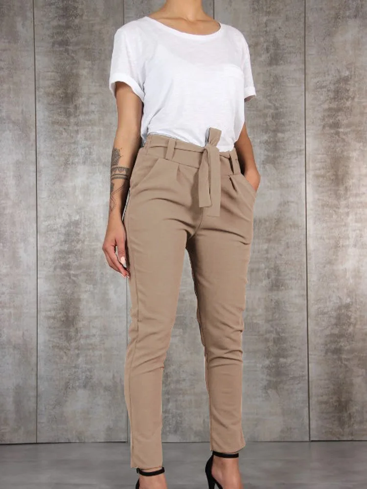 Women High Waist Slim Solid Trousers Cotton Polyester