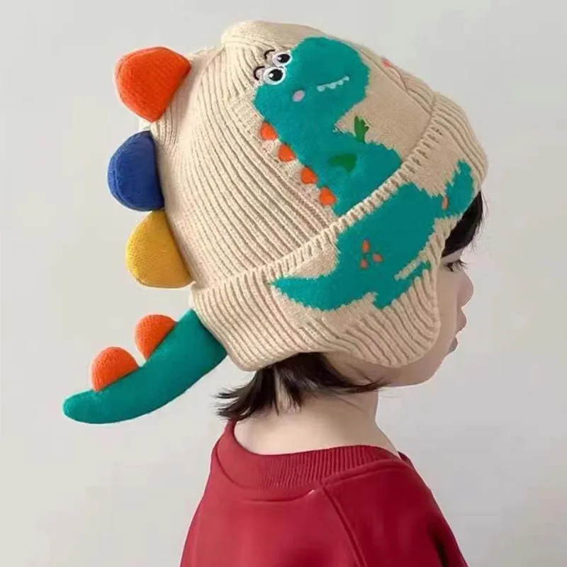 Babyhug Woollen Cap With Dino Embroidery Beige - Diameter 12 cm