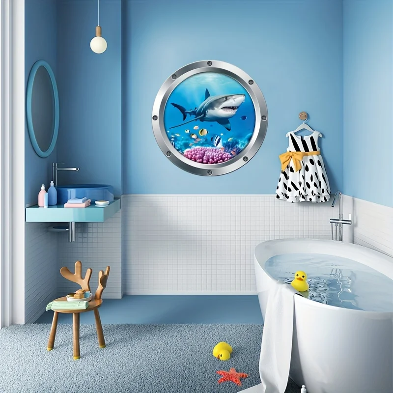 3D Sea World Shark Funny Toilet Stickers Bathroom Toilet Lid Backrest Wall Vinyl Decals Self-adhesive Waterproof Decals 1pc