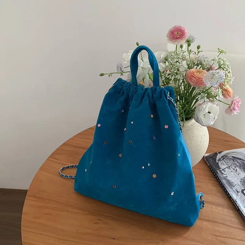 JulioFlorecer Korean Niche Frosted PU Suede Patchwork Colorful Gemstone Chain Backpack Drawstring Bag Female Purse Free Shipping