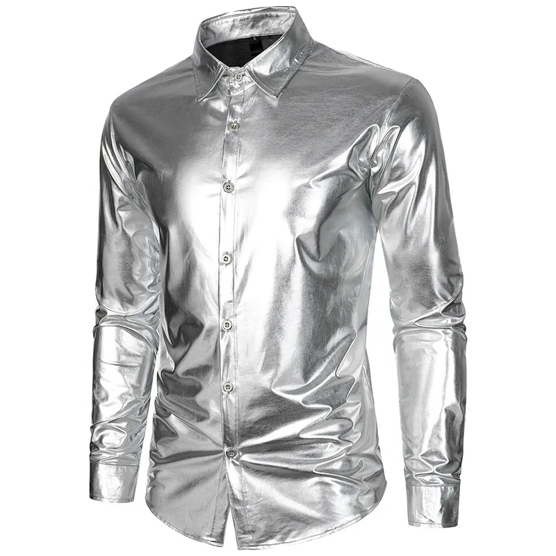 Description Picture 6 of itemNew Long Sleeved NightClub Party Shirt for Men Button Up Gold Shinny Stage Dress Shirts Costume Homme 2024 Hip Hop Shirt Outfits