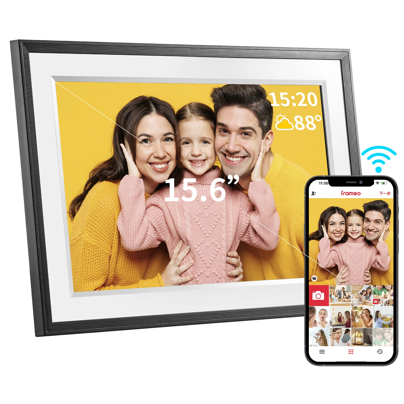 Cornice digitale FRAMEO - Cornice per foto digitale da 15,6 pollici con display HD touch screen 1920 * 1080 IPS, archiviazione integrata da 32 GB, Wal