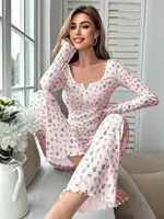 Sleepwear Women Floral Print Lettuce Trim Top with Long Pant Lovely Loungewear Full Sleeve Nightwear Spring Autumn Pajamas Set - Image 6