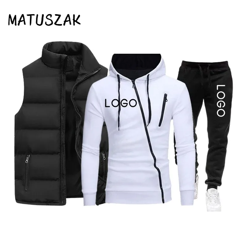 

Custom Logo Autumn Winter Men's 3 Piece Set Hoodie+Sweatpants+Vest Male Causal Tracksuit Outfits Thick Warm Male Jogging Suit