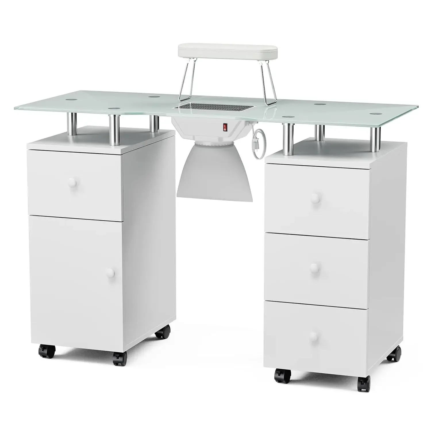 Manicure Table with Glass Top Foldable Arm Rest Lockable Wheels Storage Drawers for Nail Tech White Built-in Electric Vent