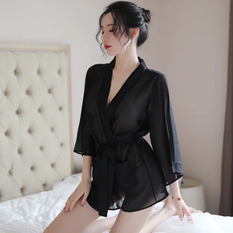 New Sexy Lingerie Lady Sexy See-through Chiffon Bathrobe Night-Robe