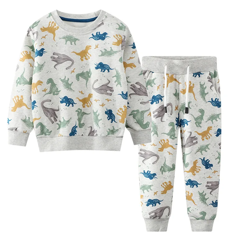 Kids Clothing Set Dinosaurs Print Hooded Sweatpants Suit For Boys Girls