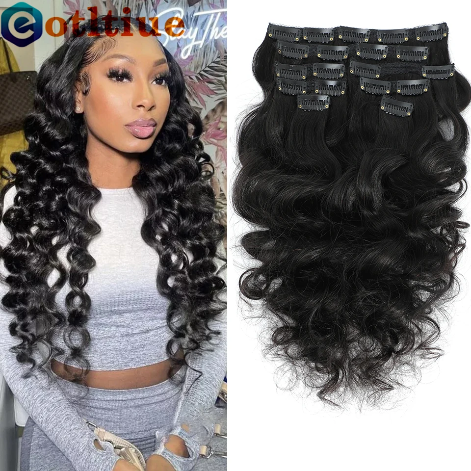 Eotltiue Loose Wave Clip In Human Hair Extensions 8 Pieces/Set Full Head Extensions Brazilian 100% Remy Hair Natural Black Color