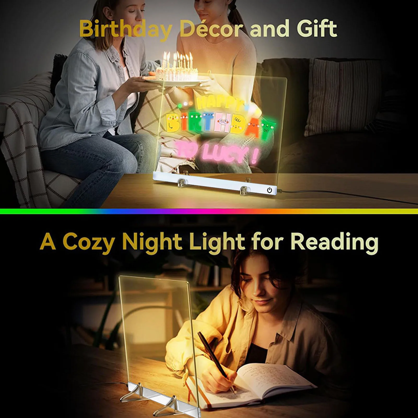 11.8x8in LED Note Board 7 RGB Lights 4 Lighting Modes Light Up Acrylic Dry Erase Board with 7 Marker Pens Stand Wiping Tool