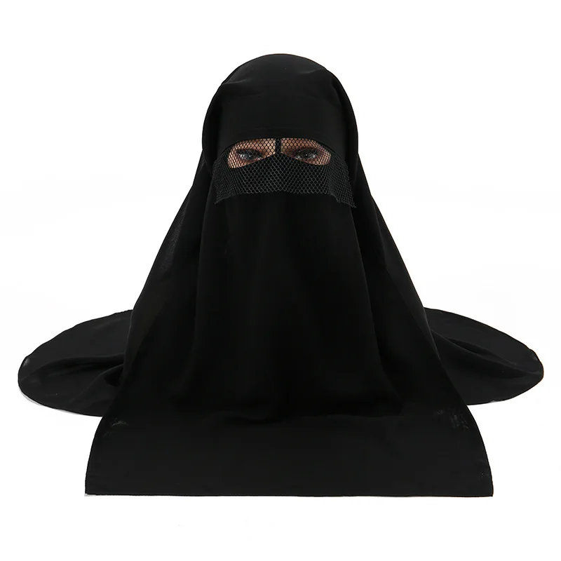 H225 Three Layers Chiffon Fabric Niqab Tie back Face Mask Cover Muslim Hijab Scarf Headscarf Turban Cap Bonnet 3