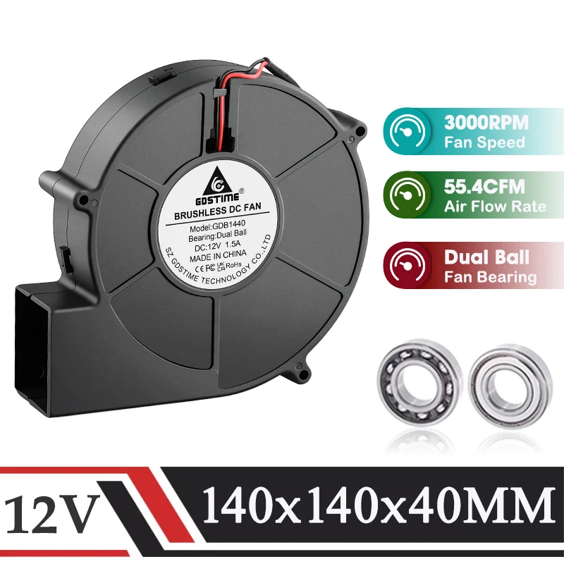 Gdstime-ventilador Turbo Industrial Bola Dupla sem Escova Centrífuga Radial Portátil 140 mm dc 12v 140×40 mm