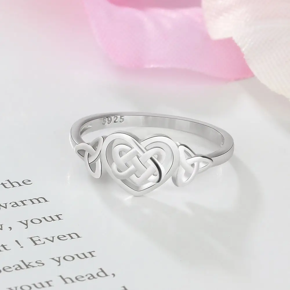 YILUOCD S925 Silver Love Heart Celtic Knot Ring for Women Hollow Out Geometric Ring Wedding Party Gifts Fine Jewelry