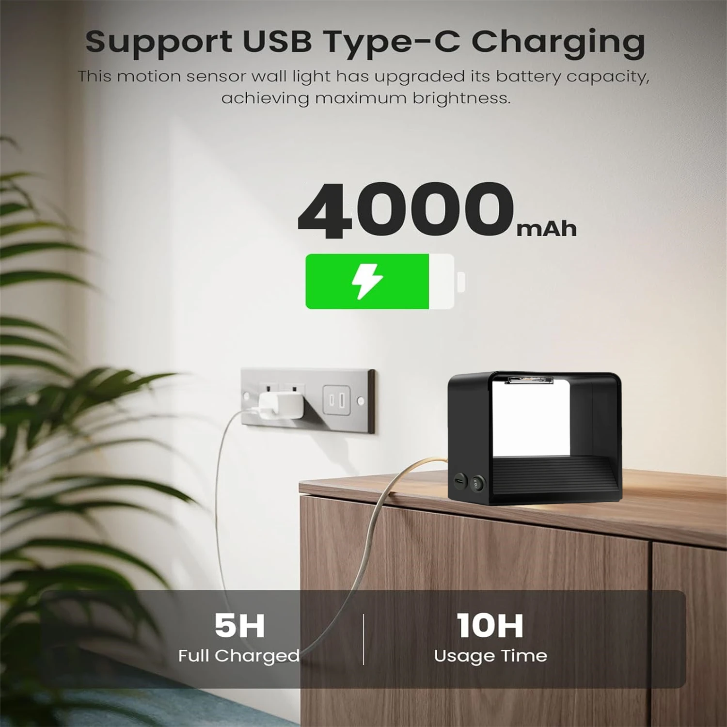 Wiring-Free Rechargeable Wall Lamp 1-Piece Set Sports Sensor Wall Lamp Indoor Battery Powered Led Lamp Cordless Magnetic Installation Black Wireless for Bedroom Stairs Corridor 3000K Warm White