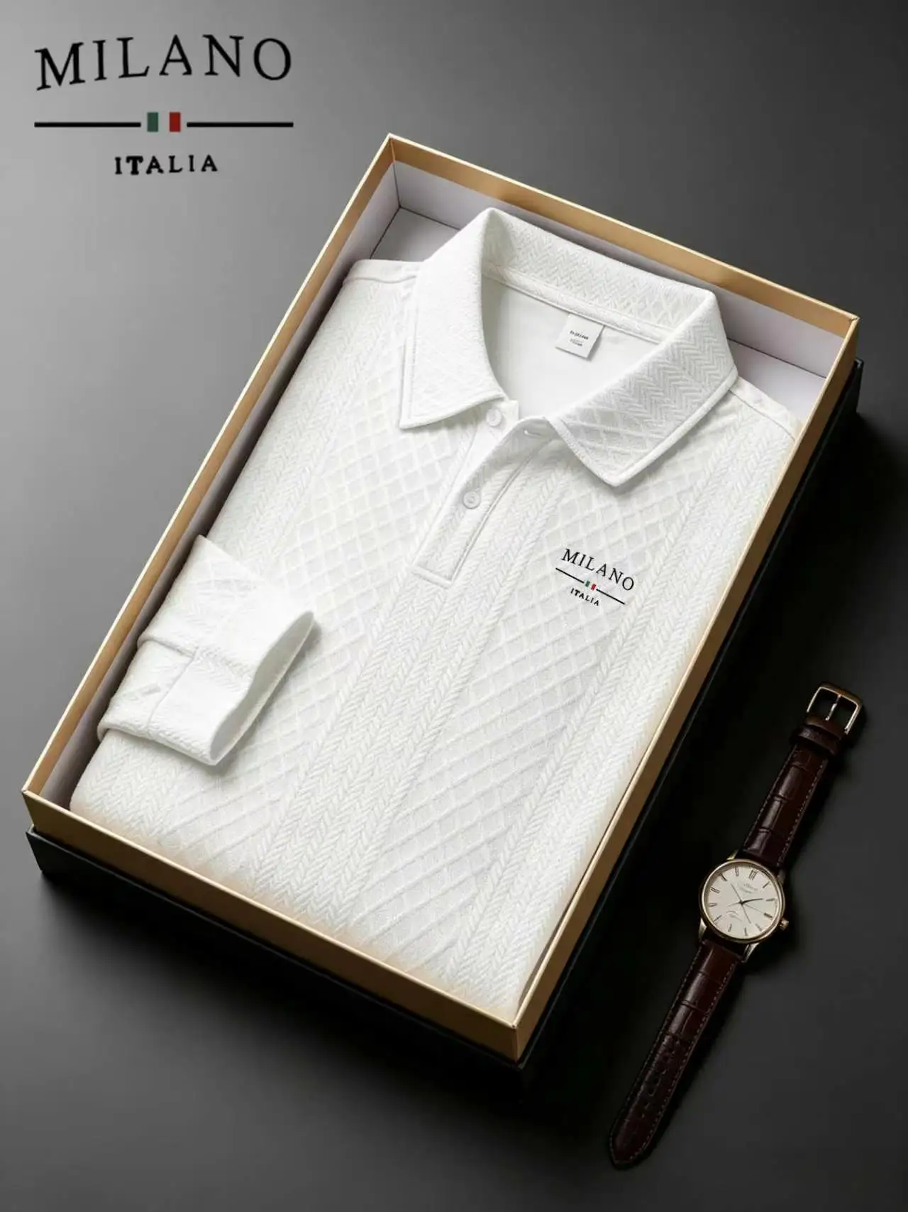 Polo a Maniche Lunghe Jacquard Testurizzato Milano Italia per Uomo, Casual Business Golf Pullover Top - immagine 4