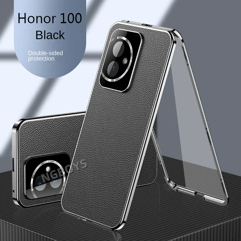 

Honor 100 5G 360 полная защита, прозрачное закаленное стекло, передняя Жесткая обложка с задней крышкой из искусственной кожи, искусственная кожа для Honor 100 Honor100 чехол