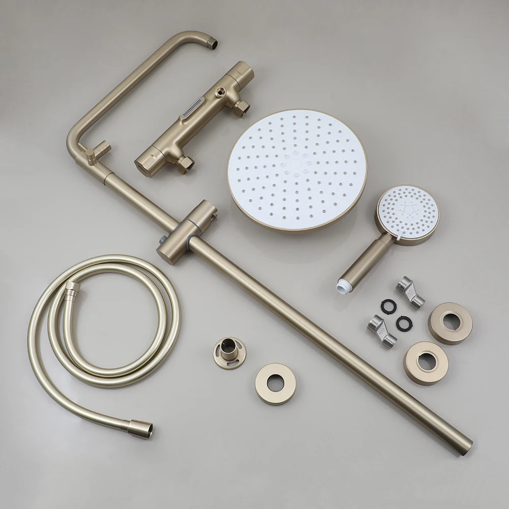 KEMAIDI Brushed Gold Thermostatic Shower System with Tub Spout  3-Functional Exposed Shower Faucet Mixer Fixtures Wall Mounted 5