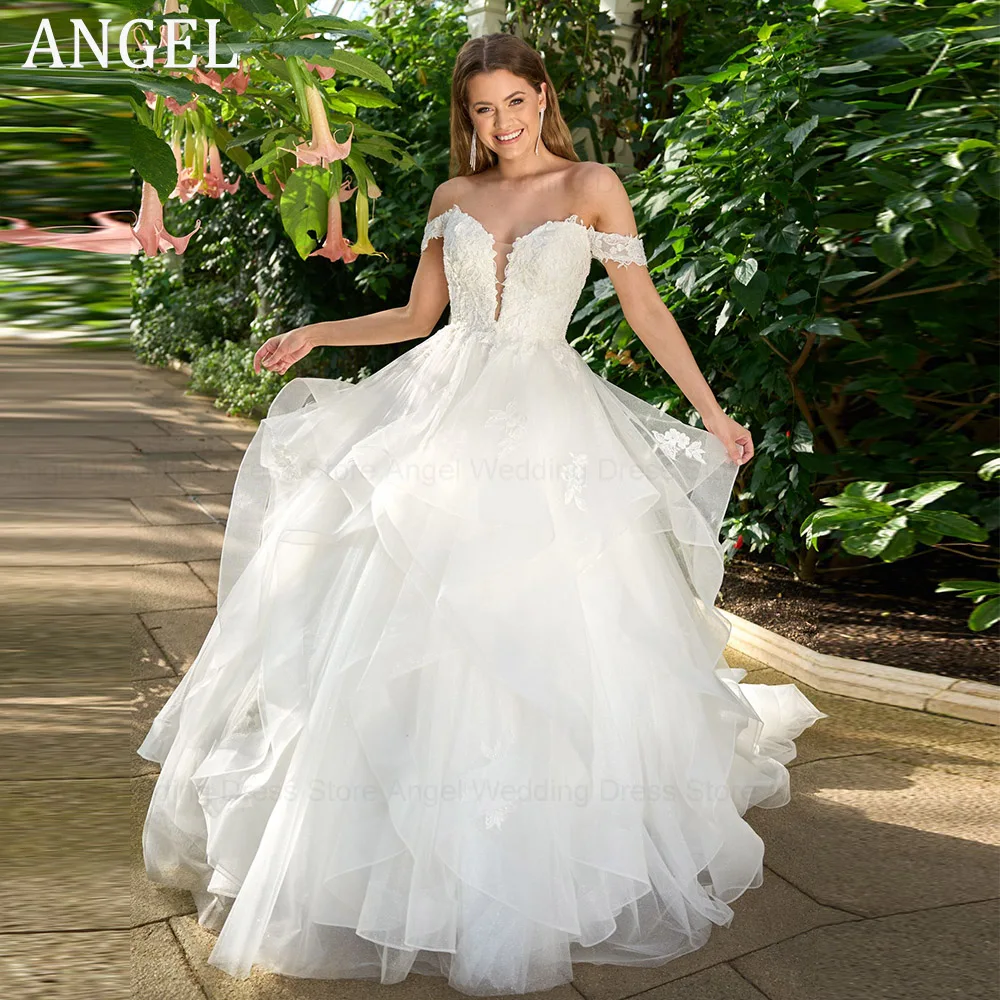 

ANGEL Elegant Ruffles Tulle Wedding Dresses Off Shoulder A-line Backless robe mariage sirene 2024 Sweetheart Bridal Party