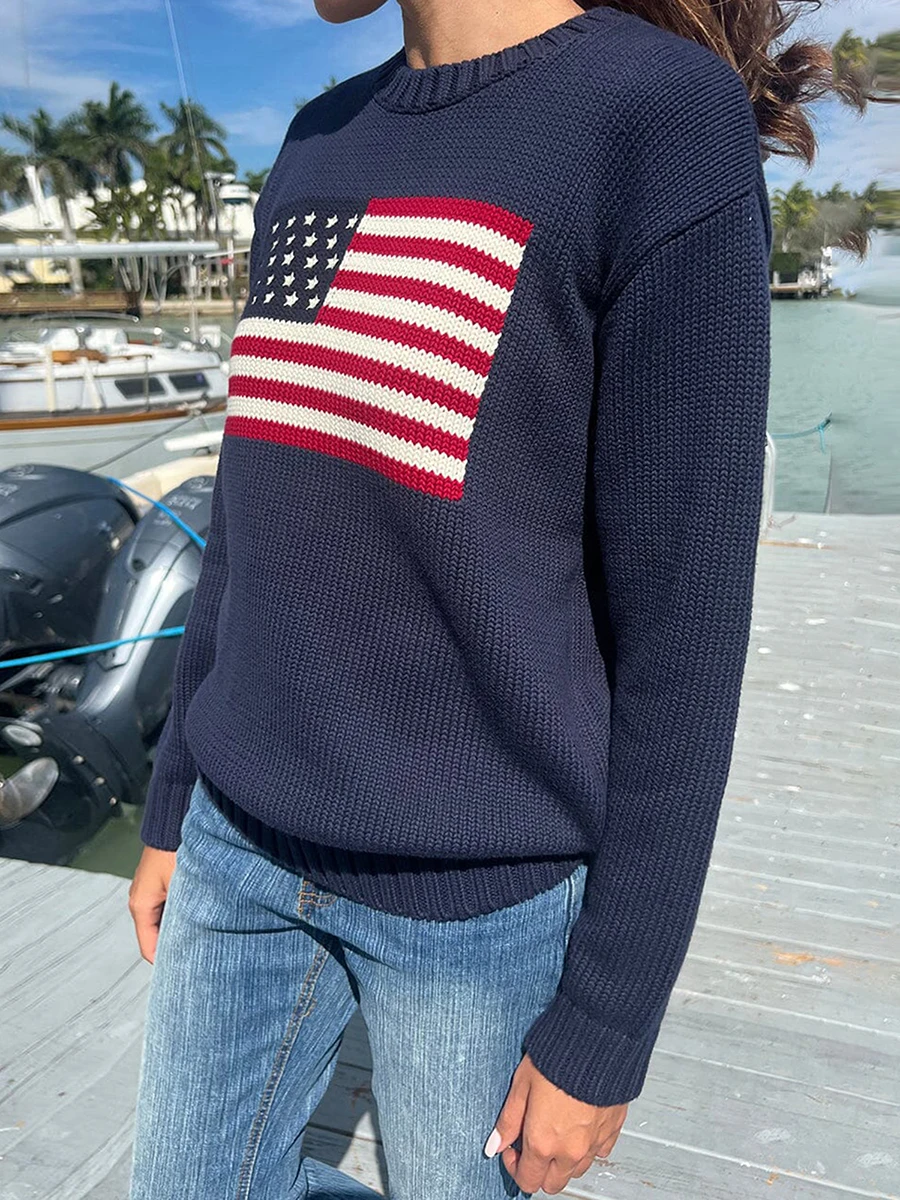 Women American Retro Sweater Long Sleeve Crew Neck Loose Fit Knit Pullover Tops Y2k Casual Loose Pullover Sweater 5